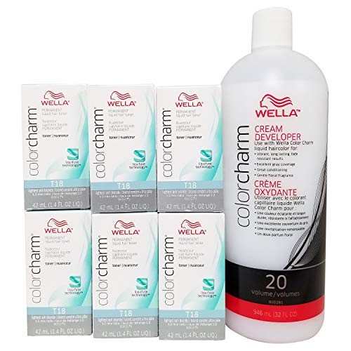 Wella Color Charm Bundle -6 pack of T18 with Color Charm 20 Volume Developer 32oz