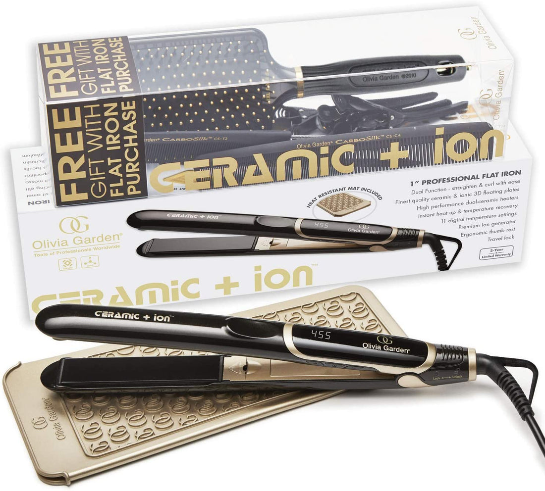 Olivia Garden 1&quot; Ceramic + Ion High Performance Professional Flat Iron Dual Voltage with Heat Resistant Mat/Pouch, 1 Ceramic + Ion Paddle brush, 2 styling combs and 4 Double Sectioning Clips