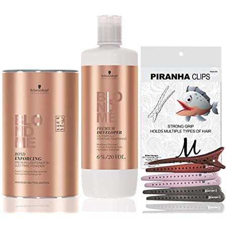 BlondMe Clay Lightener 7+ Bond Enforcing White Dust-Reduced Powder 350 grams, Schwarzkopf BlondMe Developer 6% / 20 Volume 1 Liter, M Hair Designs Piranha Clips (Bundle - 3 items) - Scentbar