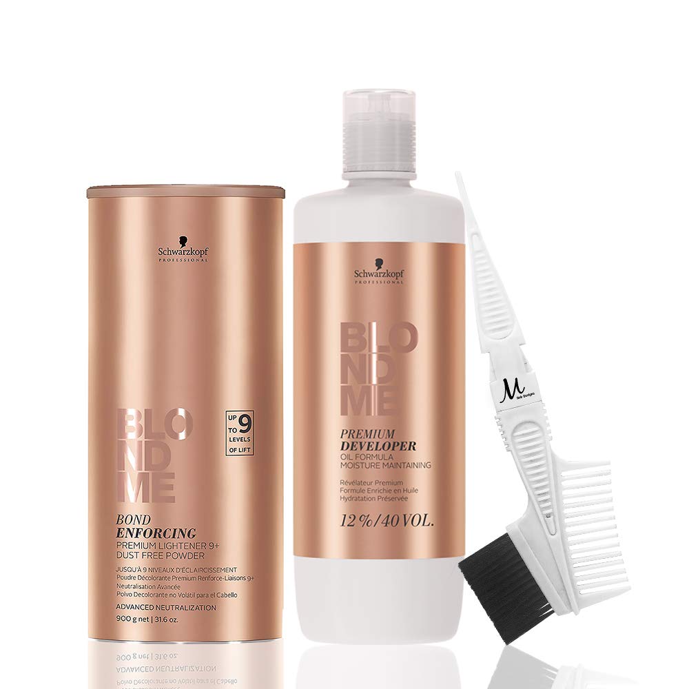 BlondMe Powder Bleach Premium Lightener 9+ Bond Enforcing Dust Free 900g, Schwarzkopf BlondMe 12% / 40 Volume Premium Developer 1 Liter, M Hair Designs Tint Brush/Comb (Bundle - 3 items)